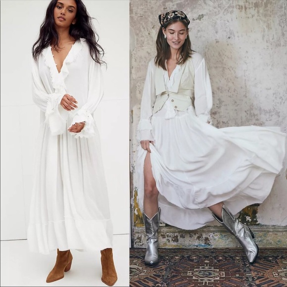 Free People Dresses & Skirts - Free People Sweet Darlin Long Sleeve Maxi Dress Ivory Ruffles Bohemian Boho